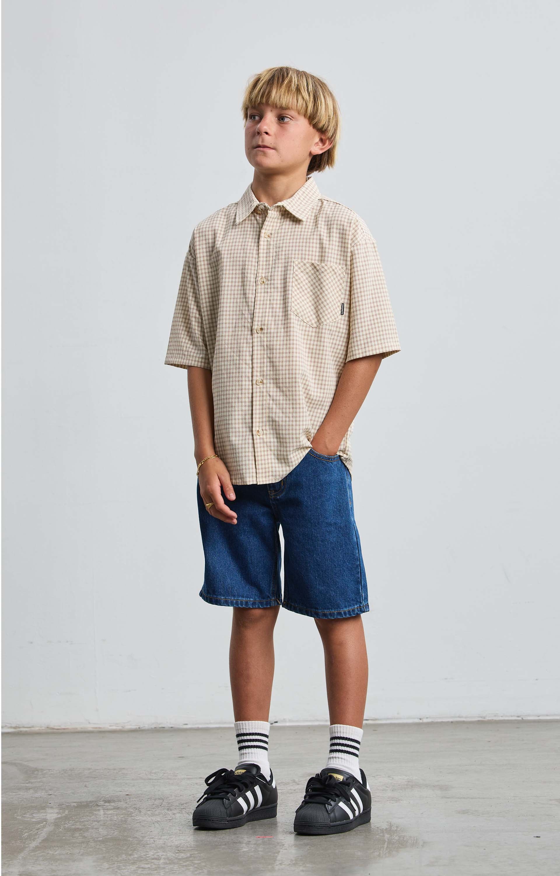 Concrete Ranger Youth Plaid Shirt, Cream/Burgundy