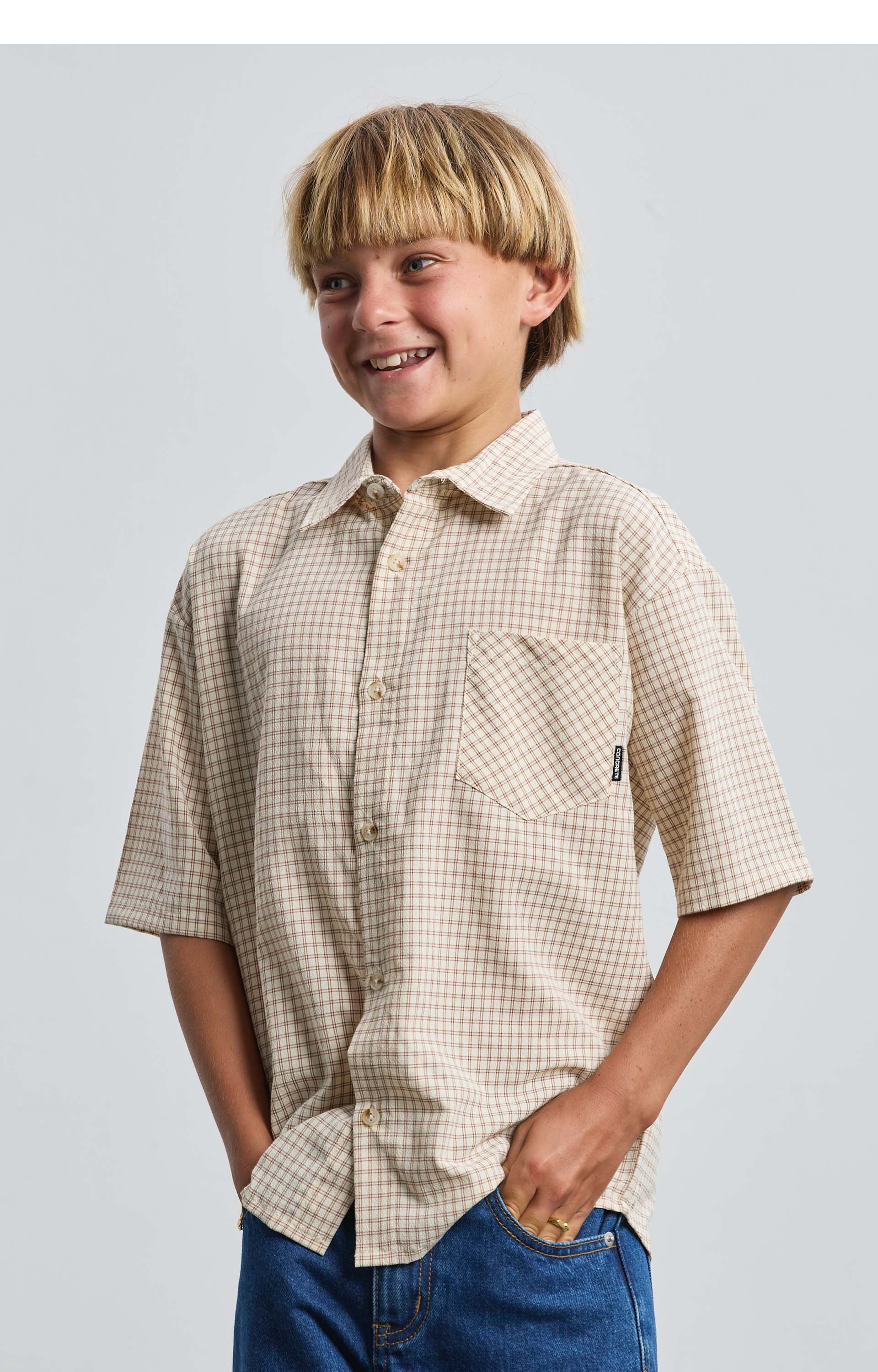 Concrete Ranger Youth Plaid Shirt, Cream/Burgundy