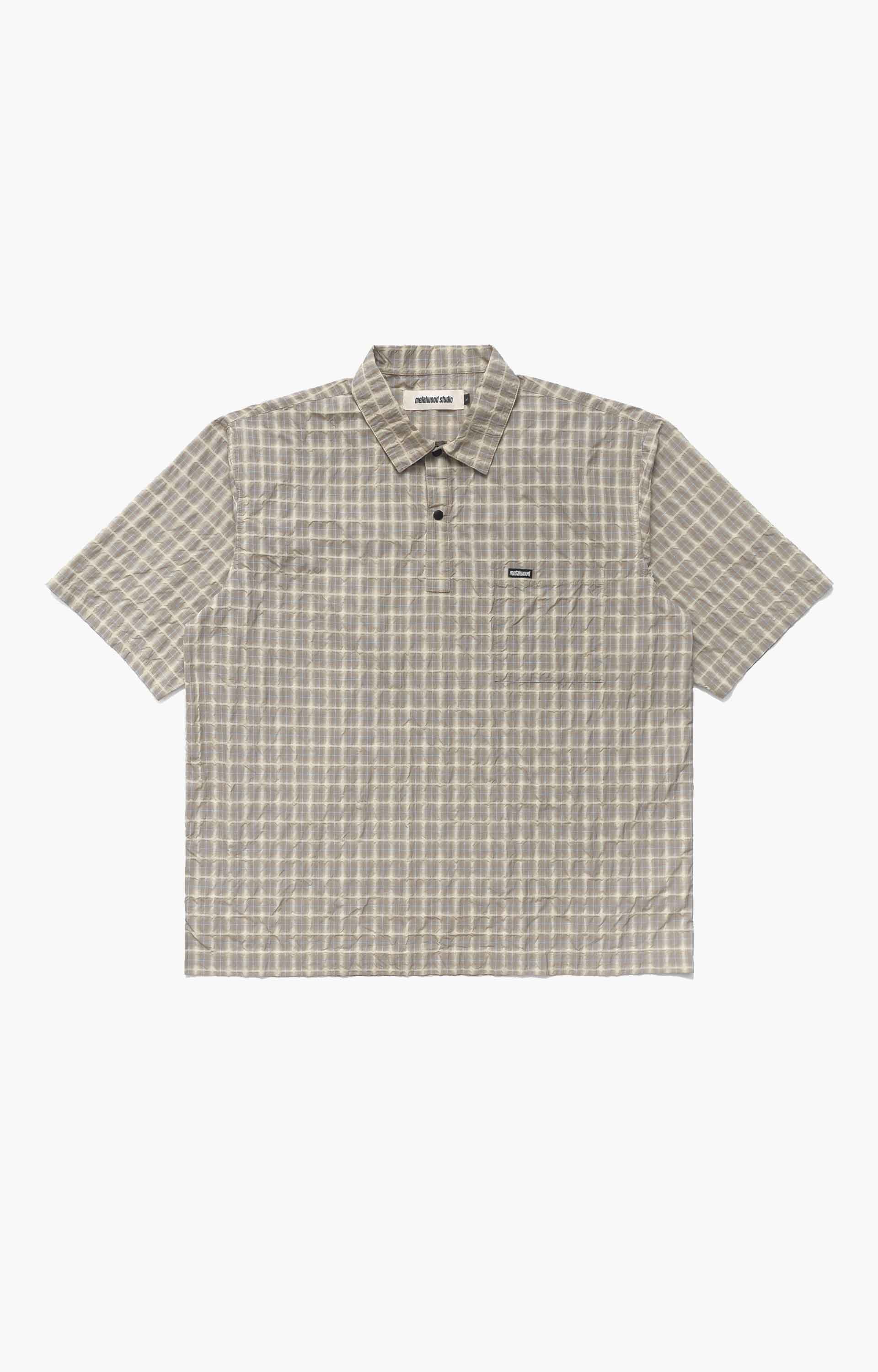 Metalwood Oversized Snap Top Polo Shirt, Tan Plaid