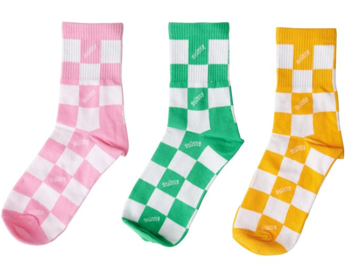 Stussy Womens 3 Pack Checked Socks, Pink/Green/Orange