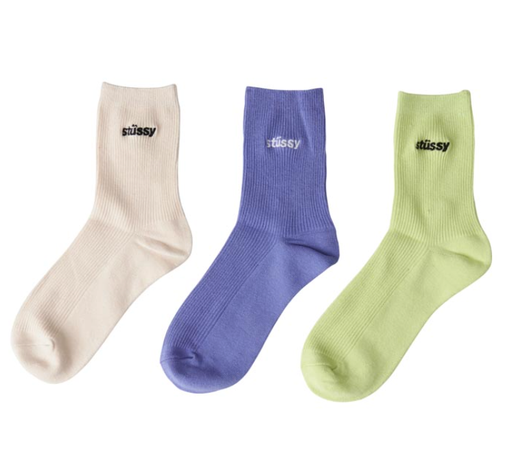 Stussy Womens 3 Pack Rib Socks, Blue/Cream/Green