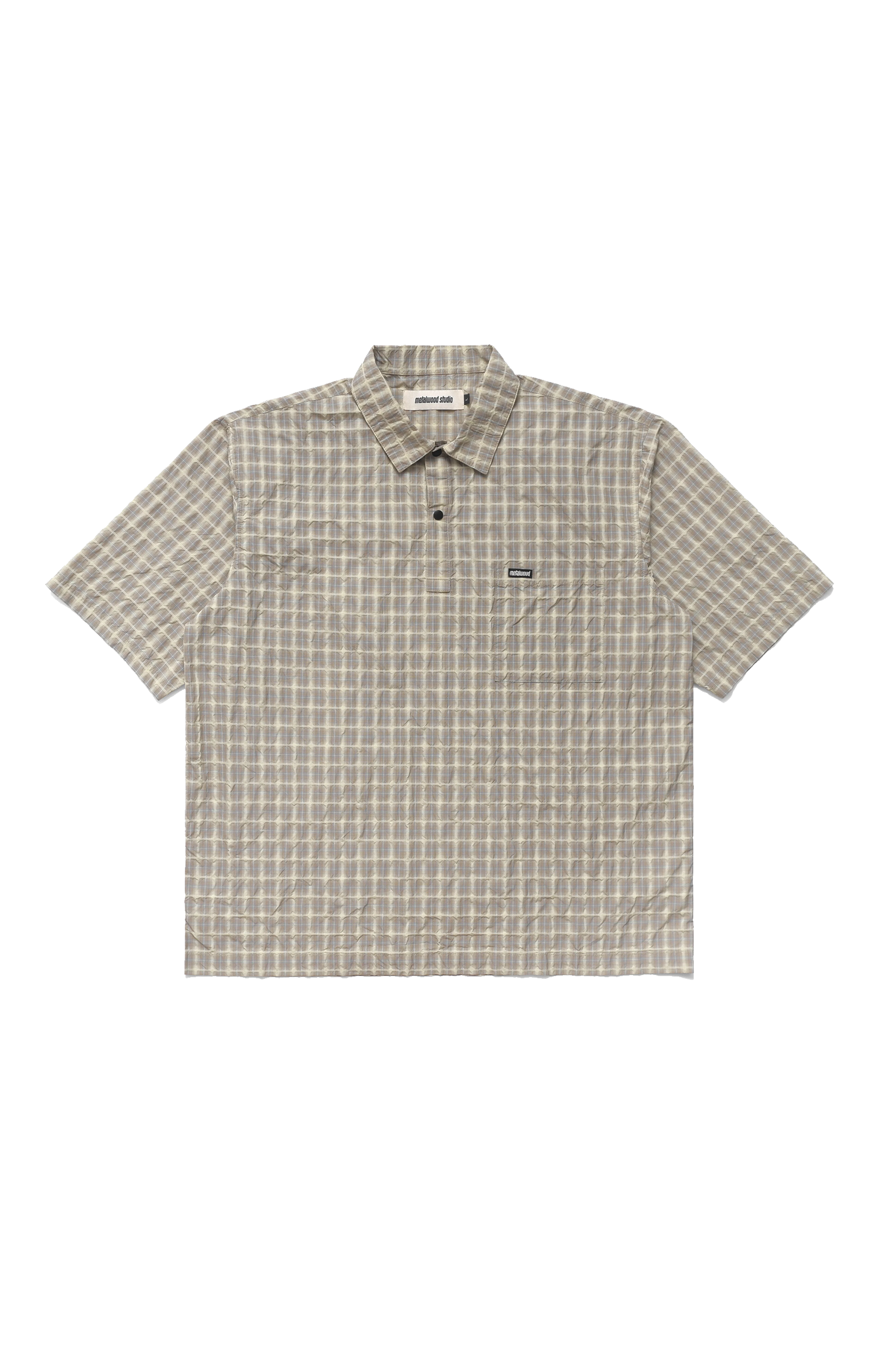 Metalwood Oversized Snap Top Polo Shirt, Tan Plaid